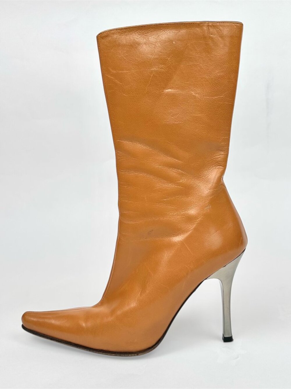 Charles David Cognac Spanish Leather Knee High Pointed Toe Metal Heel Boots - Picture 4 of 8